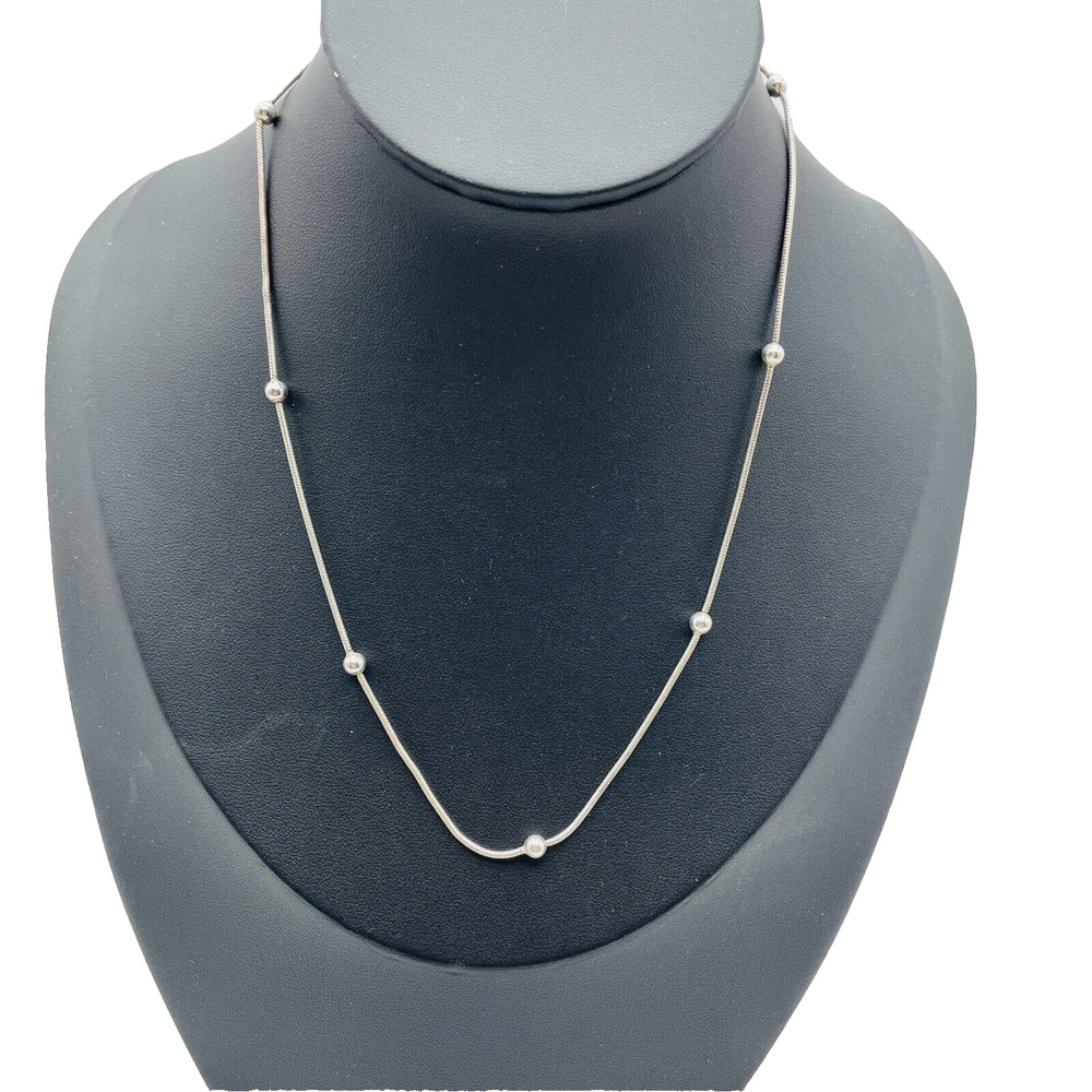 FAS 16" Snake Chain Station Necklace Seven 4mm Stationary Sterling Silver Beads